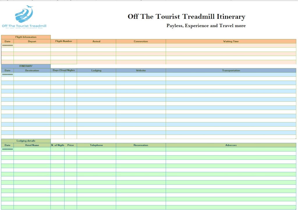 Itinerary Planner Spreadsheet