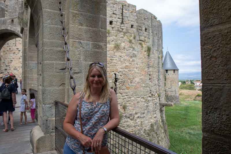 Sarah at Carcassonne drawbridge